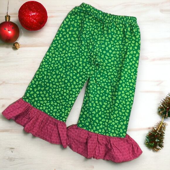 Boutique Girls Pants Sz 3 4 Green Floral Red Christmas Trees Snowflakes Ruffles - Picture 3 of 5